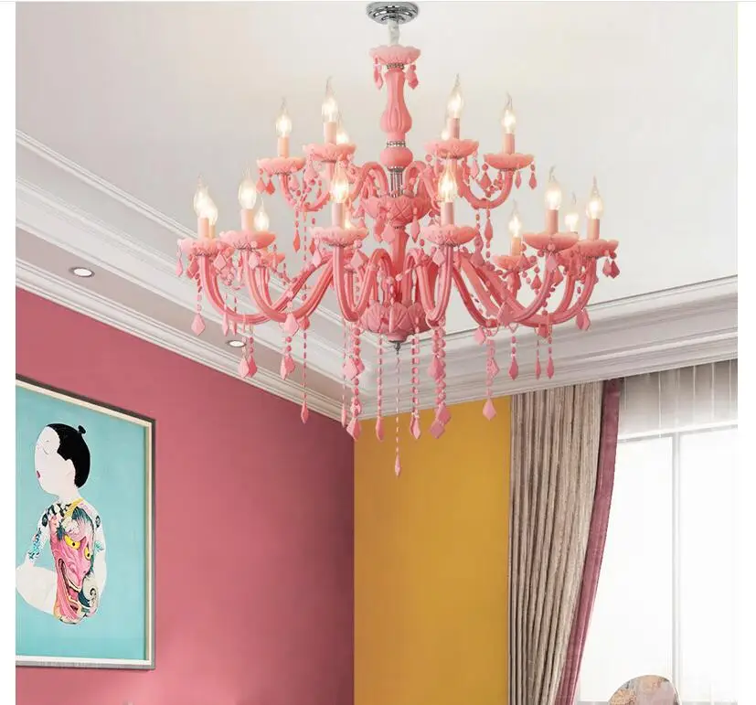 Free Shipping Modern Pink Chandelier Macaron Color Hanging Children Bedroom Lamp Creative Fantasy Luminaire Stained Glass Lustre