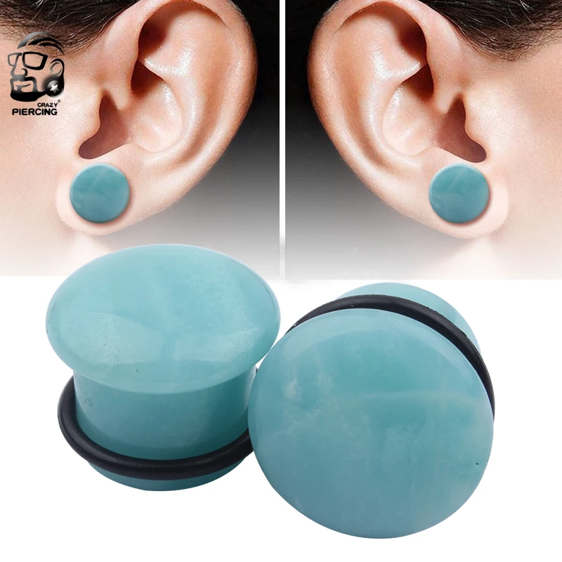 Natural Amazonite Stone Piercing Flesh Ear Stretcher Plug and Tunnels Single Flare Ear Expander Gauges Kit Piercing Body Jewelry