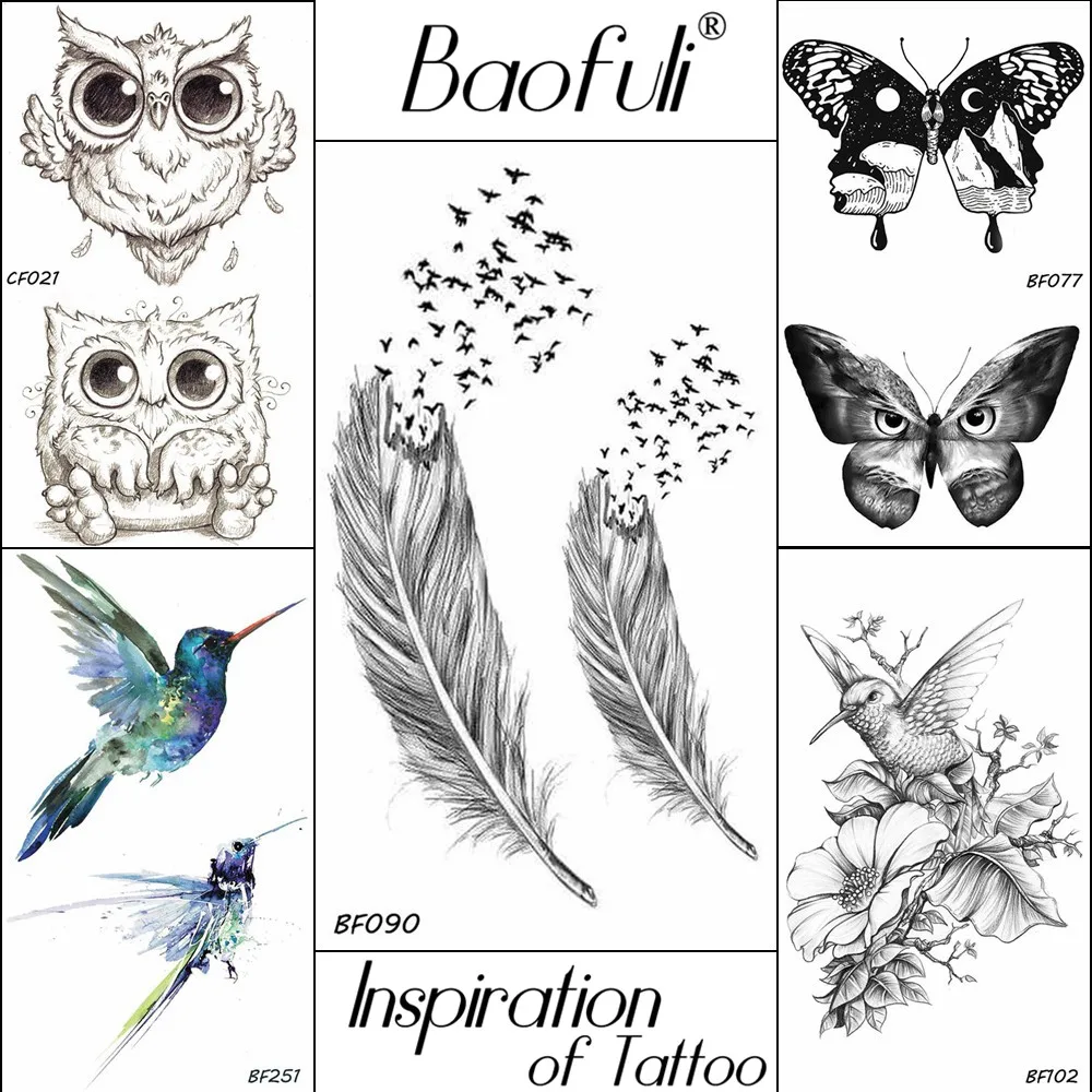 Baofuli Owl Feather Birds Temporary Tattoo Sticker Hummingbird Butterfly Cartoon Waterproof Tatoo Body Art Women Men Fake Tattoo