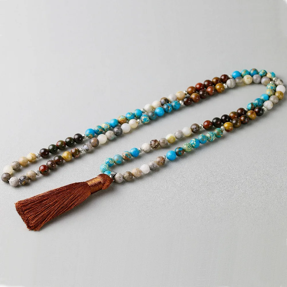 Natural Blue Imperial stone With Red creek Stone Bamboo Onyx Beaded Stone Tassel Charm Necklace Women Men 108 Mala Jewelry