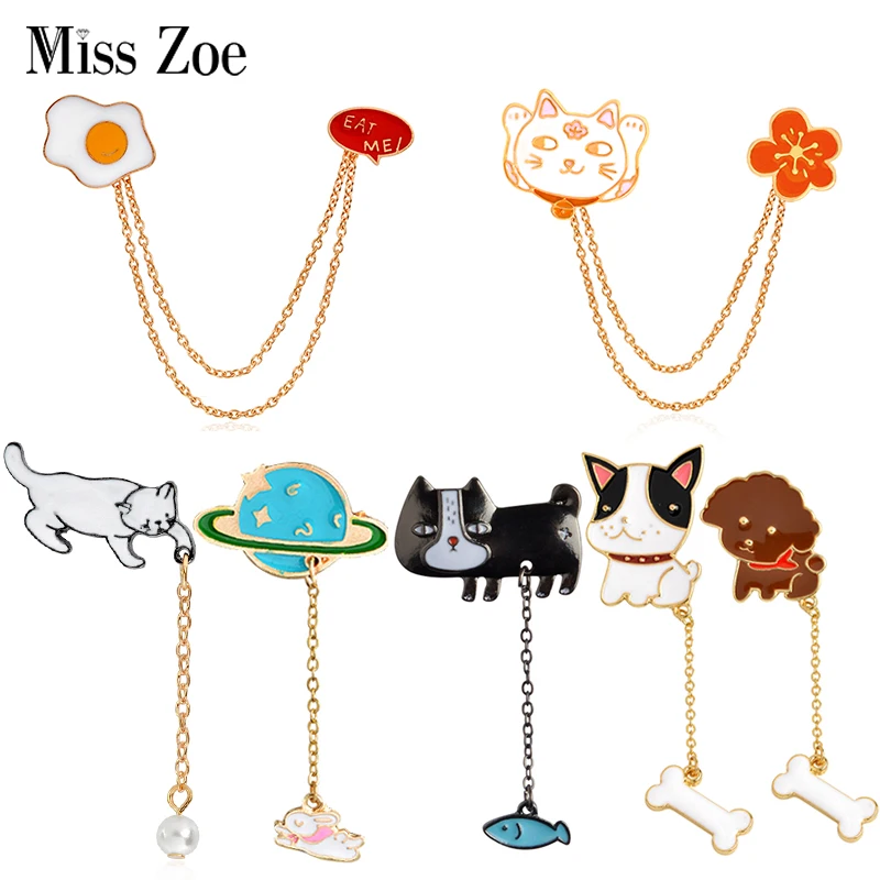 9Styles Cat Dog Enamel Pins Chain Rabbit Planet Egg Flash Mountain Badge Brooches Denim Shirt Lapel Pin Custom Animal Jewelry