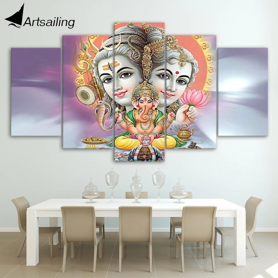 HD Printed 5 Piece Canvas Art hindu god canvas Lord shiva parvati ganesh painting Free Shipping CU-2329A