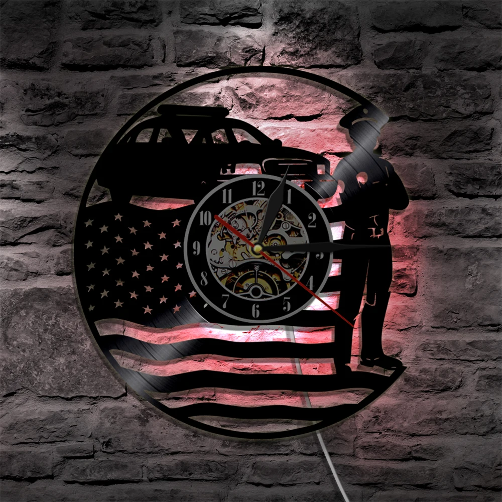 

USA Policeman Vinyl Clock Wall Light Led Vintage Record LP Handmade Gift Lamp Cool Home Interior Decor Record Nightlight