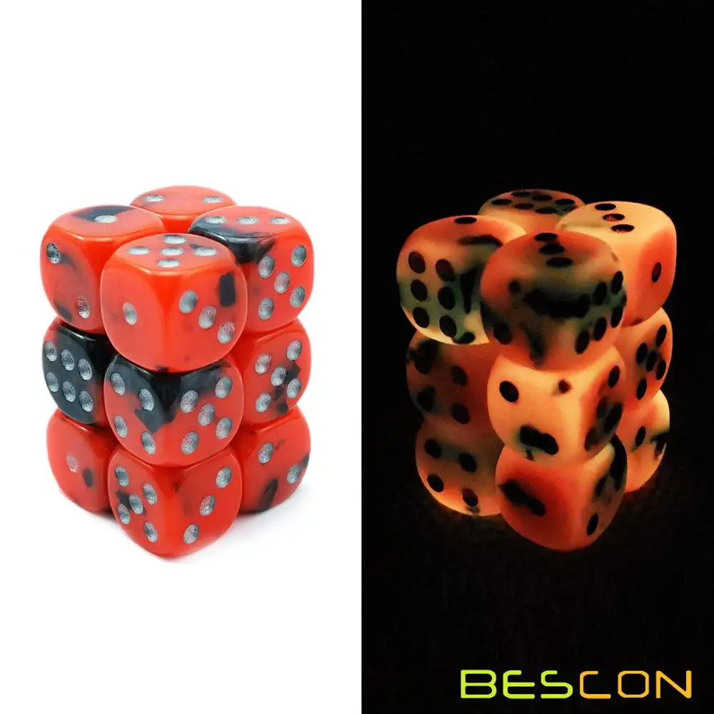 Bescon Two Tone Glowing Dice D6 16mm 12pcs Set HOT ROCKS, 16mm Six Sided Die (12) Block of Glowing Dice