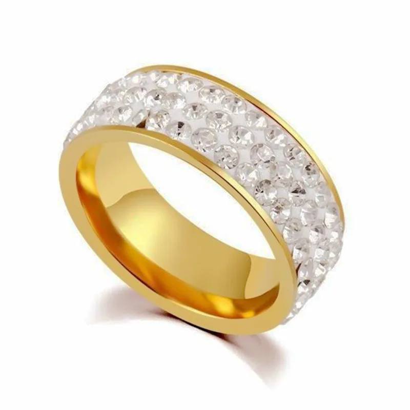 Vintage 3 Rows Crystal Gold Color Stainless Steel Rings for Women Boho Wedding Engagement Rings Jewelry Width 6mm anillos mujer