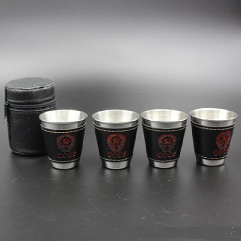 4pcs/set 30ml Mini Stainless Steel Cups Wine Beer Whiskey Cups With Leather Cover Bag Portable Outdoor Travel Cup