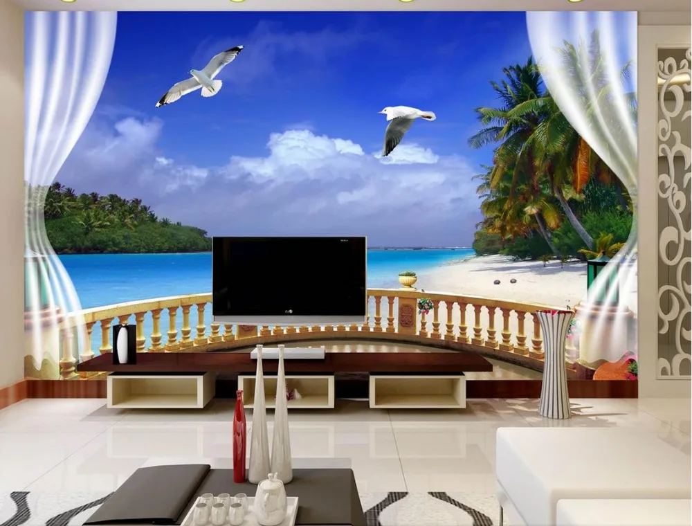 

3d wallpaper for room Sofa backdrop template window views of the sea photo 3d wallpaper 3d customized wallpaper