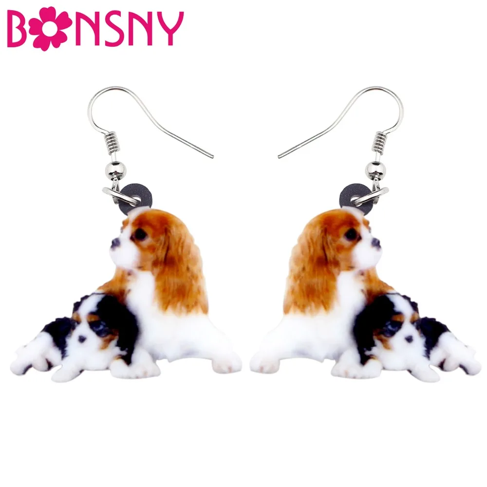 Bonsny Acrylic Elegant Lying Cavalier King Charles Spaniel Dog Earrings Long Dangle Drop Novelty Jewelry For Women Girls Laides