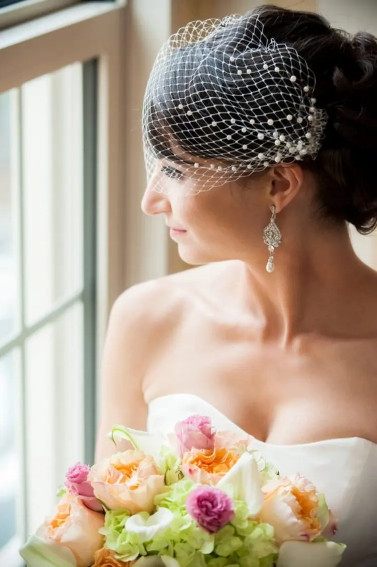 Birdcage pequeno véu com pérolas, casamento Bandeau Veil, Fedoras