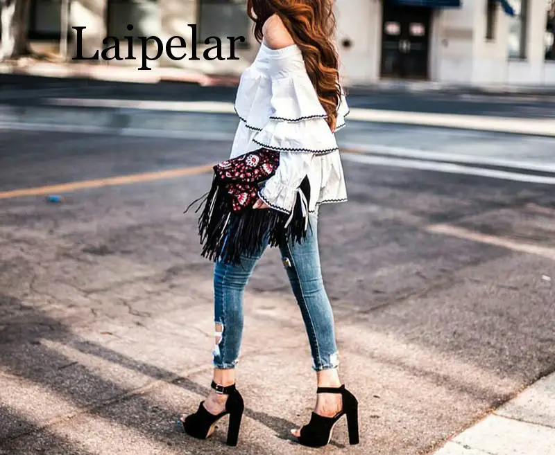 Laipelar Ruffle witte blouse chemise Casual blouse met lange mouwen damestops Elastische coole blouse koude schoudertops