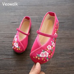 Veowalk Chinese Embroidered Girls Cotton Flat Shoes Comfort Children Canvas Mary Jane Ballet Flats Kids' Embroidery Dance Shoes