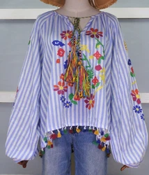 Vintage Embroidery Shirts Women Tunic Summer Clothing Loose Long Sleeve Lace-up Fringes White Cotton Ethnic Blouse Shirt Blusas