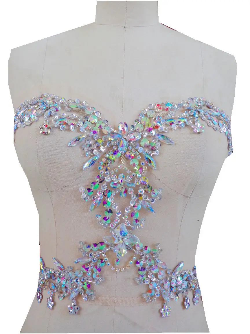 

hand made crystals trim patches clear AB colour sew on Rhinestones applique on mesh 34*27cm for top dress skirt