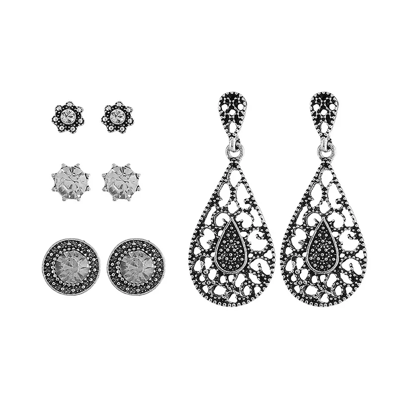 4 Pairs/Set Women Crystal Rhinestone Vintage Earring Set Droplet Flower Round Stud Earrings Female Boucle Doreille Jewelry