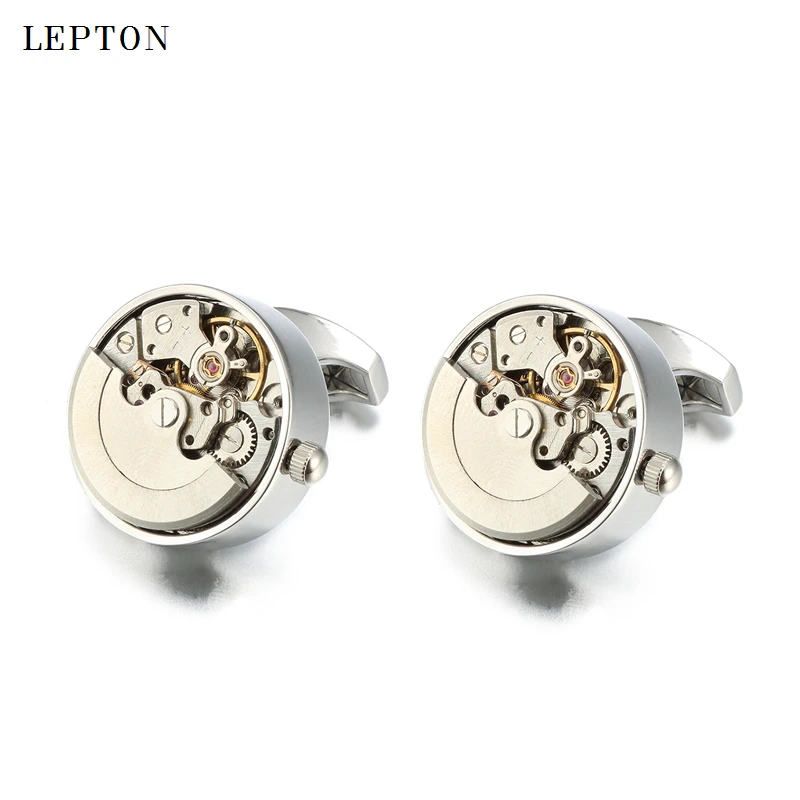 High quality Functional Watch Movement Cuff links Lepton Brand Stainless Steel Steampunk Gear Watch Mechanism Cufflinks for Mens