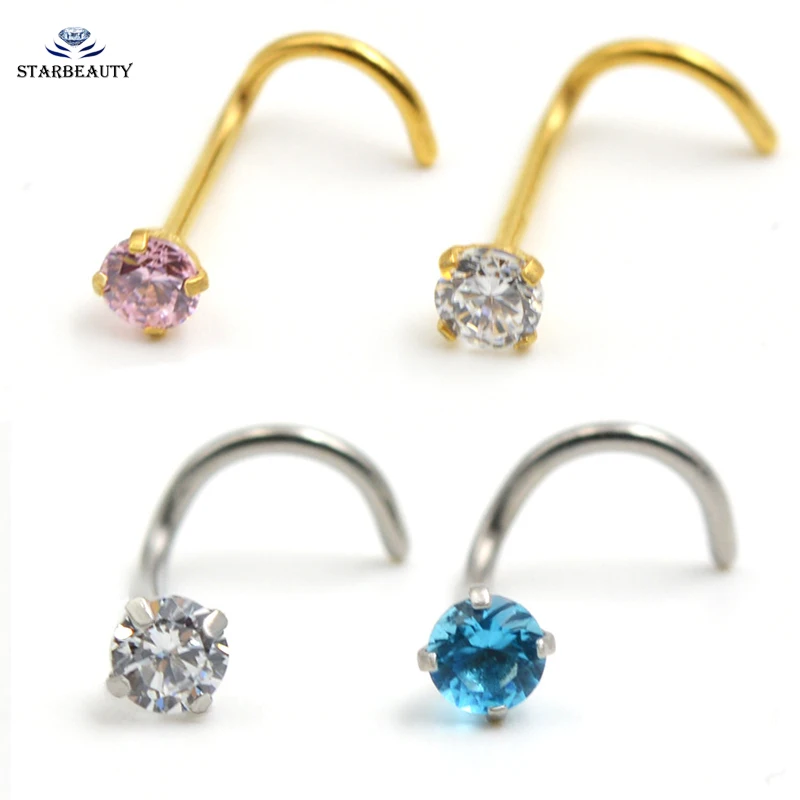 1 Piece AA Zircon 2.5mm Gem Nose Stud Piercing Surgical Steel S Shape Gold Silver Color Nose Ring Prong CZ Nose Jewelry 20g