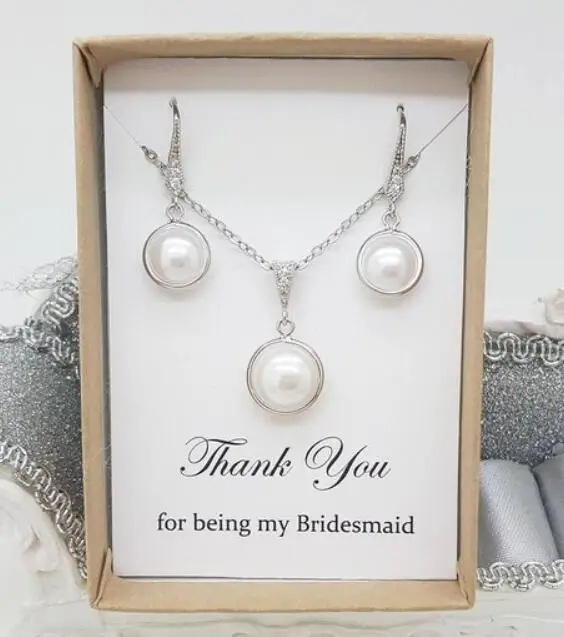 

personalize any text wedding bridesmaid round pearl necklace dangles earrings jewelry sets maid of honor proposal gifts