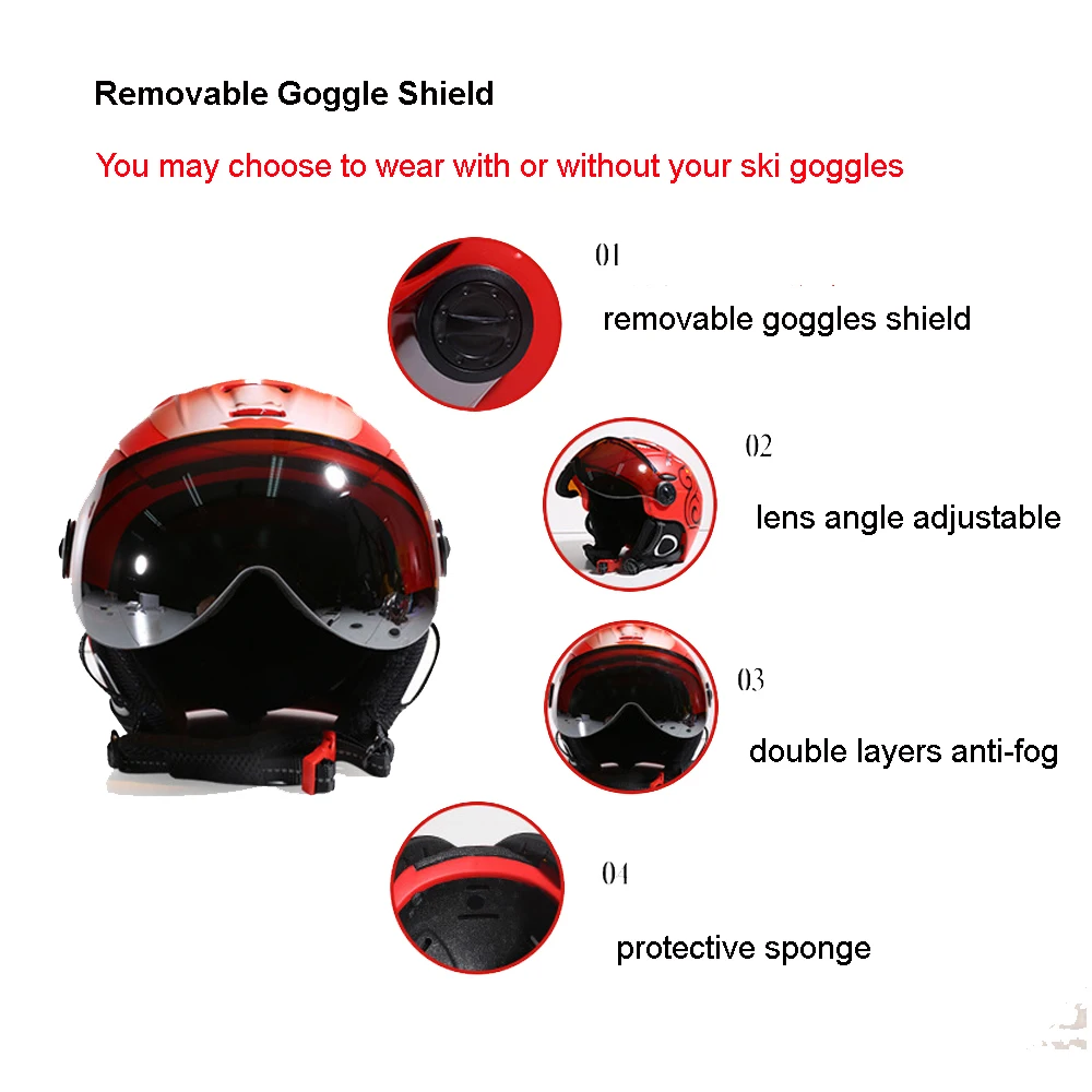 2-in-1 Visor Ski Snowboard Helmet Detachable Snow Mask Anti-fog Anti-uv Integrated Goggle Shield Low Weight Adults Men Women