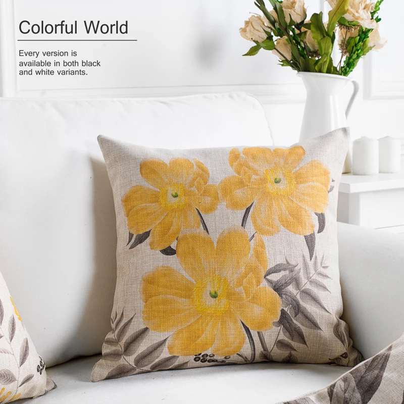 American Rural Yellow Gray Flowers Floral Cushion Pillow Cover Home Decorative PillowCase Office Sofa