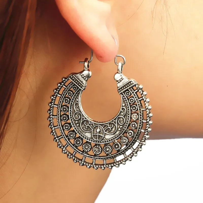 Ancient Tibetan Filigree Flower Ornate Earring Boho Vintage Jewelry Carving Hollow Gypsy Tribal Heart Ear for Women