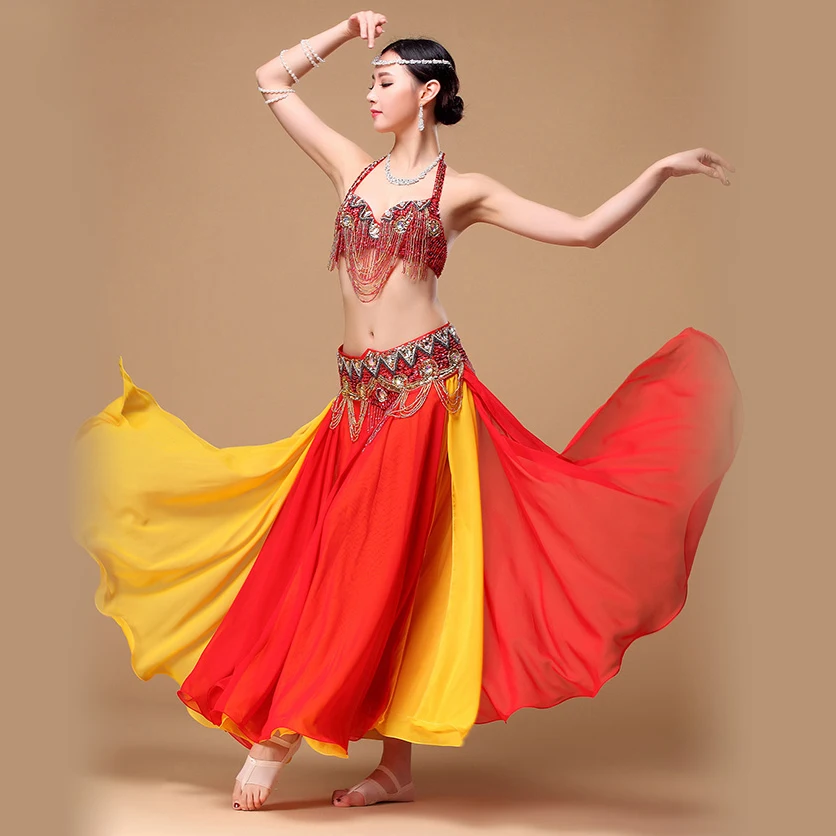 

Hot Women Belly Dance Clothing 3pcs Outfit Beaded Costume Rhinestone Bra C-cup Chiffon Long Skirt Belly Dance Costumes Gold