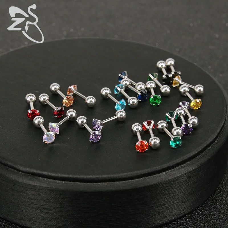 ZS 24 Pcs/lot Colorful Cubic Zirconia Ear Studs 316L Stainless Steel Stud Earrings for Women Ear Tragus Helix Cartilage Piercing