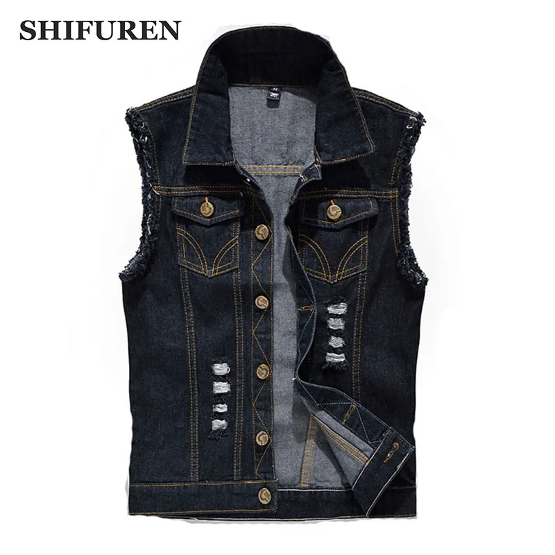 SHIFUREN Plus Size S-6XL Mens Ripped Jeans Vests Washed Cotton Denim Waistcoat Causal Male Cowboy Tank Tops Sleeveless Jackets