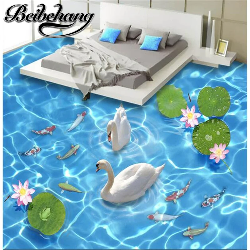 beibehang 3d pvc flooring custom photo Waterproof floor sticker Rippling swan lake murals wallpaper bedroom decoration painting