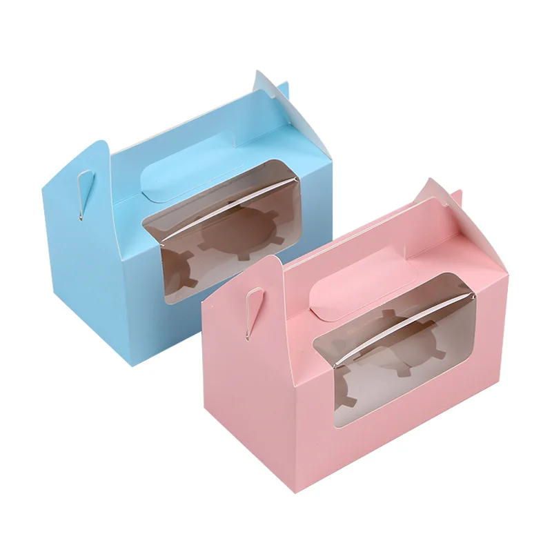 200pcs/lot Wholesale Kraft paper Cake Box with handle,brown cup cake box with Window,wedding paper cardboard cake box 4 colors