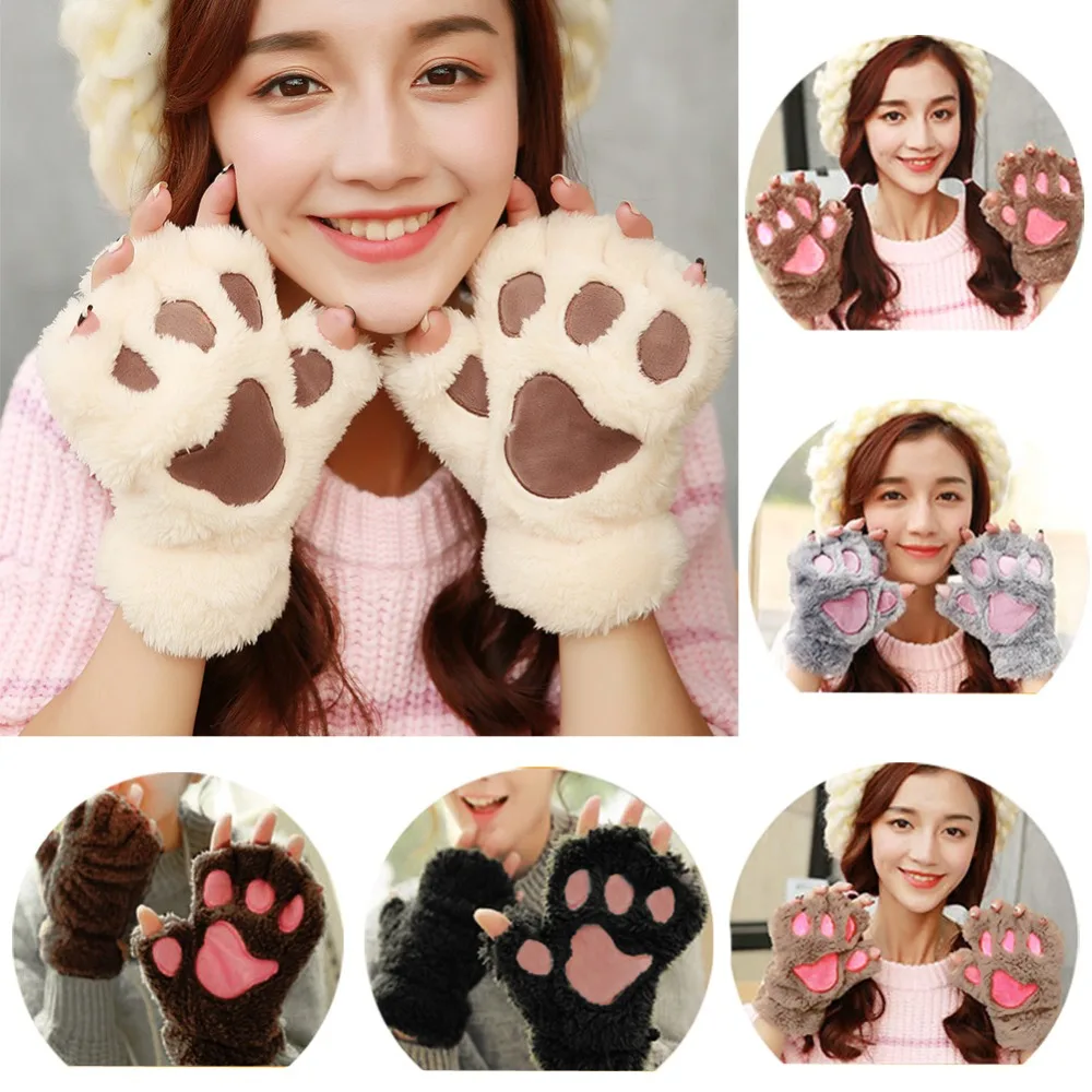 Winter Women Cute Cat Paw Claw Plush Mittens Short Fingerless Finger Half Gloves -Y107