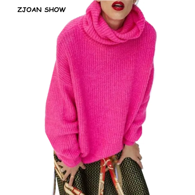 

Stylish Striped Line Fluorescent Hot Pink Pullover Sweater 2018 Autumn Women Turtleneck Long sleeve Long Knitwear Jumper Tops