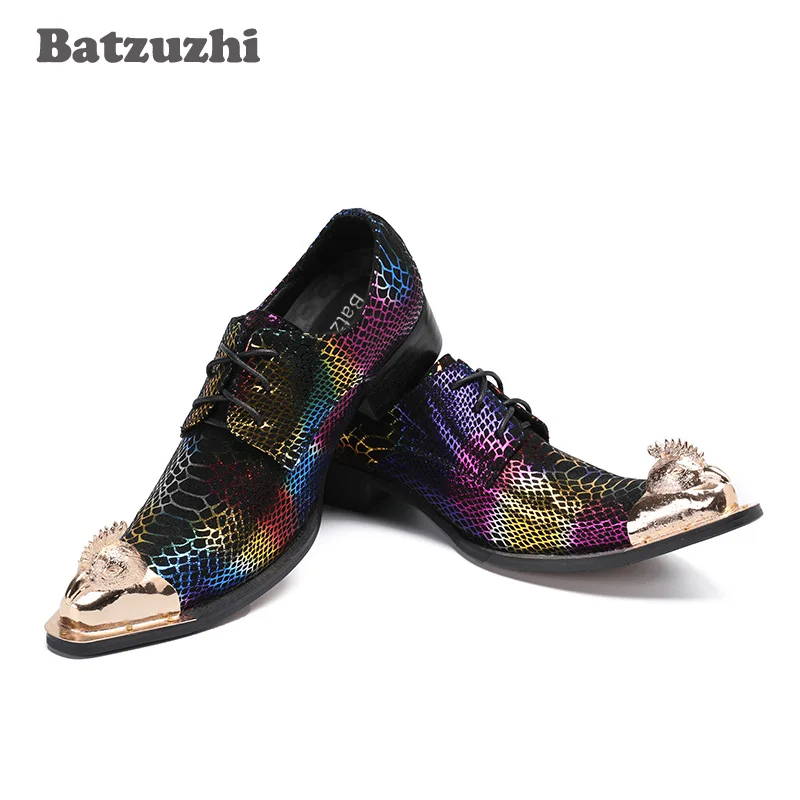 Batzuzhi Handmade Rock Men's Shoes Italian Model Colorful Genuine Leather Men's Dress Shoes Pointed Metal Toe Party /Business