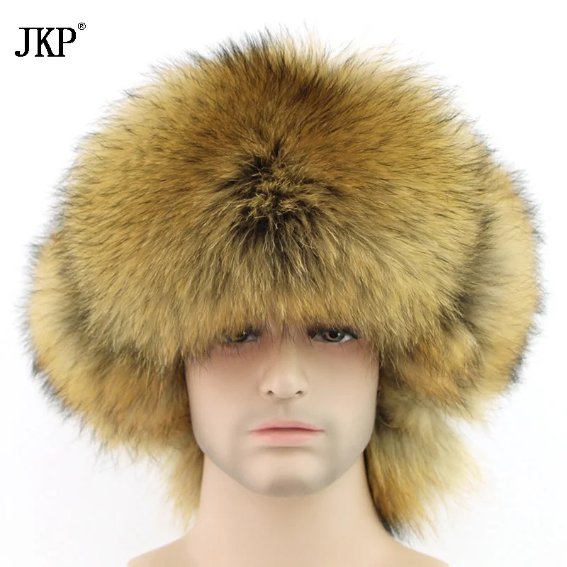 2024 Genuine Fox Fur Men\'s Hats Natural Raccoon Fur Lei Feng Bomber Ushanka Real Leather Russian Winter Warm Hats