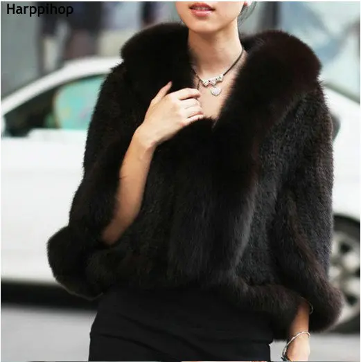 HARPPIHOP New Genuine Knit Mink Fur Shawl Poncho With Fox Trimming Real Mink Fur Jacket Fashion Women 2016 Style Mink Fur Coat