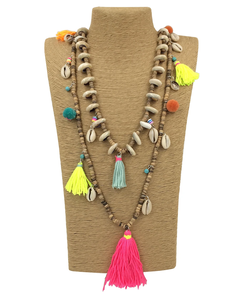 New Bohemia Boho ball charm beaded Necklaces Pink tassel pendants layered long necklace Multi Layers statement Necklaces