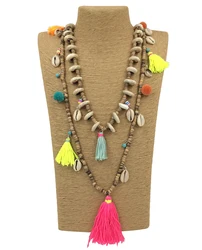 New Bohemia Boho ball charm beaded Necklaces Pink tassel pendants layered long necklace Multi Layers statement Necklaces