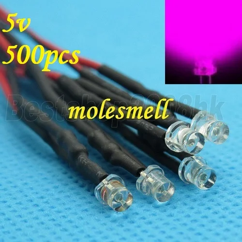 

500pcs 3mm 5v Flat Top Pink LED Lamp Light Set Pre-Wired 3mm 5V DC Wired 3mm big/wide angle Pink 5v led