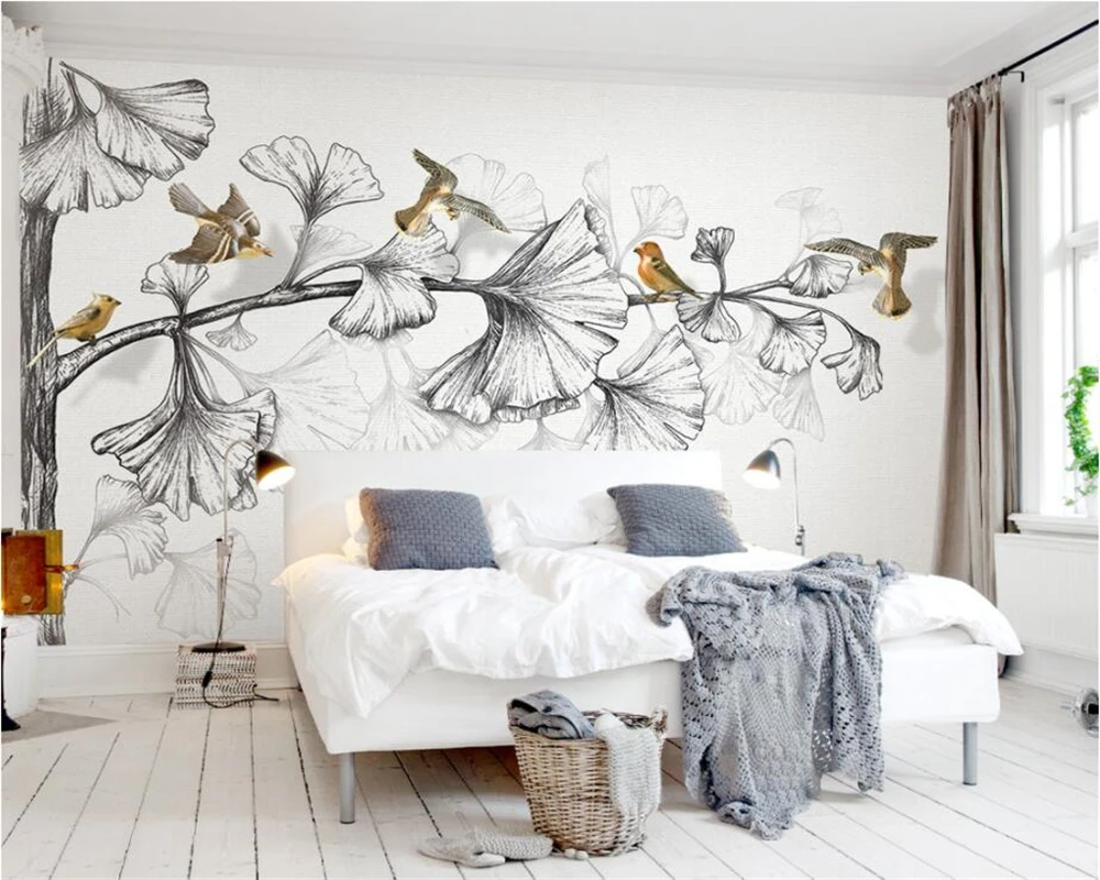 

Beibehang Custom wall wallpaper living room bedroom murals black and white sketch ginkgo leaves 3d flying birds TV 3d wallpaper