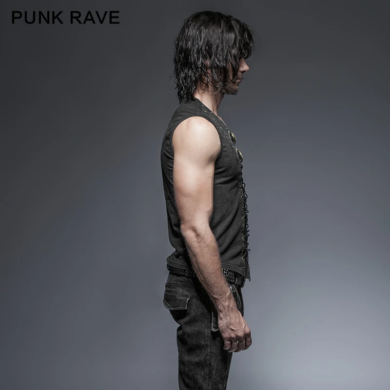 PUNK RAVE Men Spring Top Rock Style Sleeveless Knitting Fitting Lace Up Black Tops Punk Rave Cotton Leather Belt Man  clothing