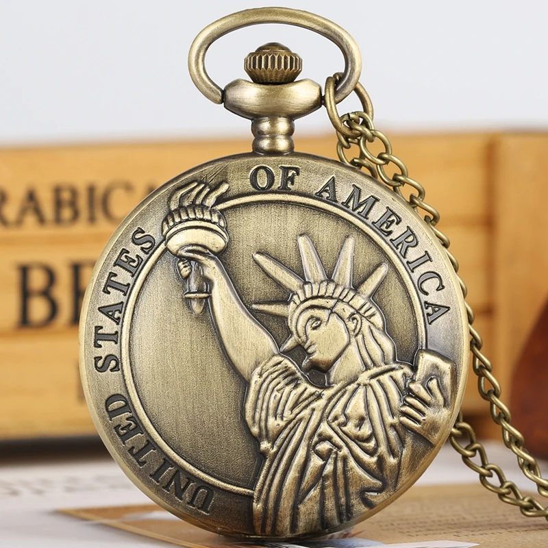 United States of America Statue of Liberty Retro Bronze Quartz Pocket Watch Pendant Clock Gifts Necklace Men Women Collectibles