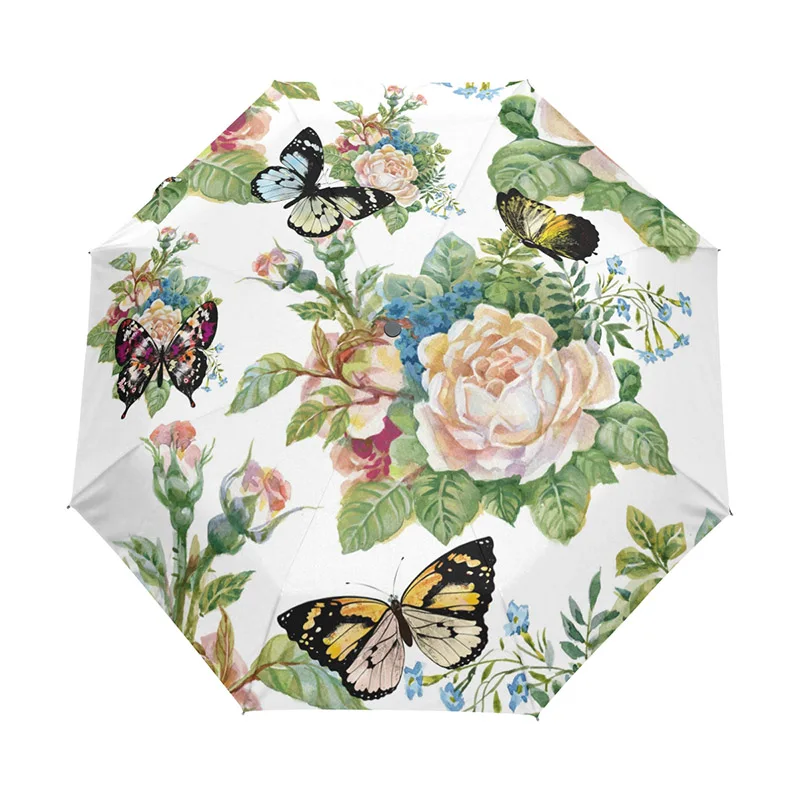 Full Automatic Butterfly Umbrella Three Folding Flower Umbrellas Women Kids Parasol Umbrella Rain Gear Rain Guarda Chuva Paragua