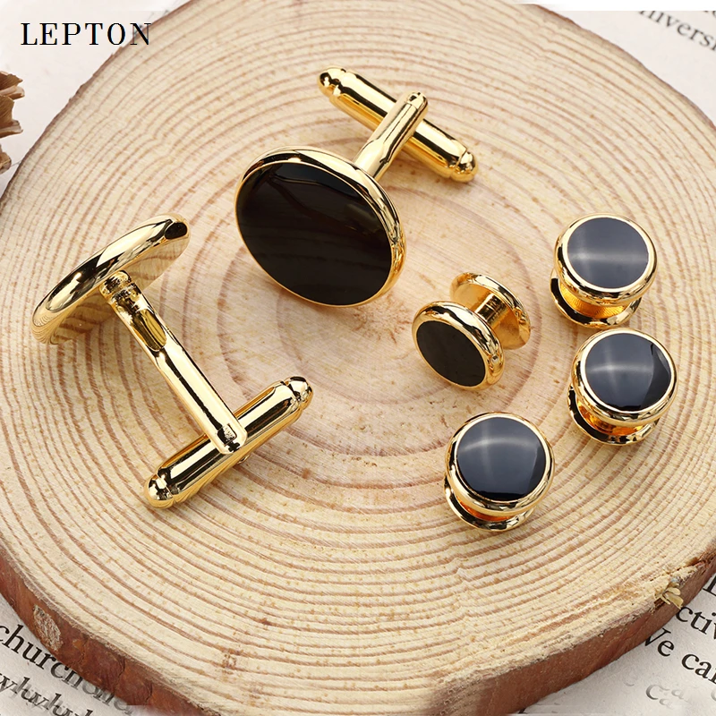 Hot Sale Black Enamel Round Cufflinks tuxedo studs Sets High Quality Gold Color Plated Mens Jewelry Business wedding cuff links