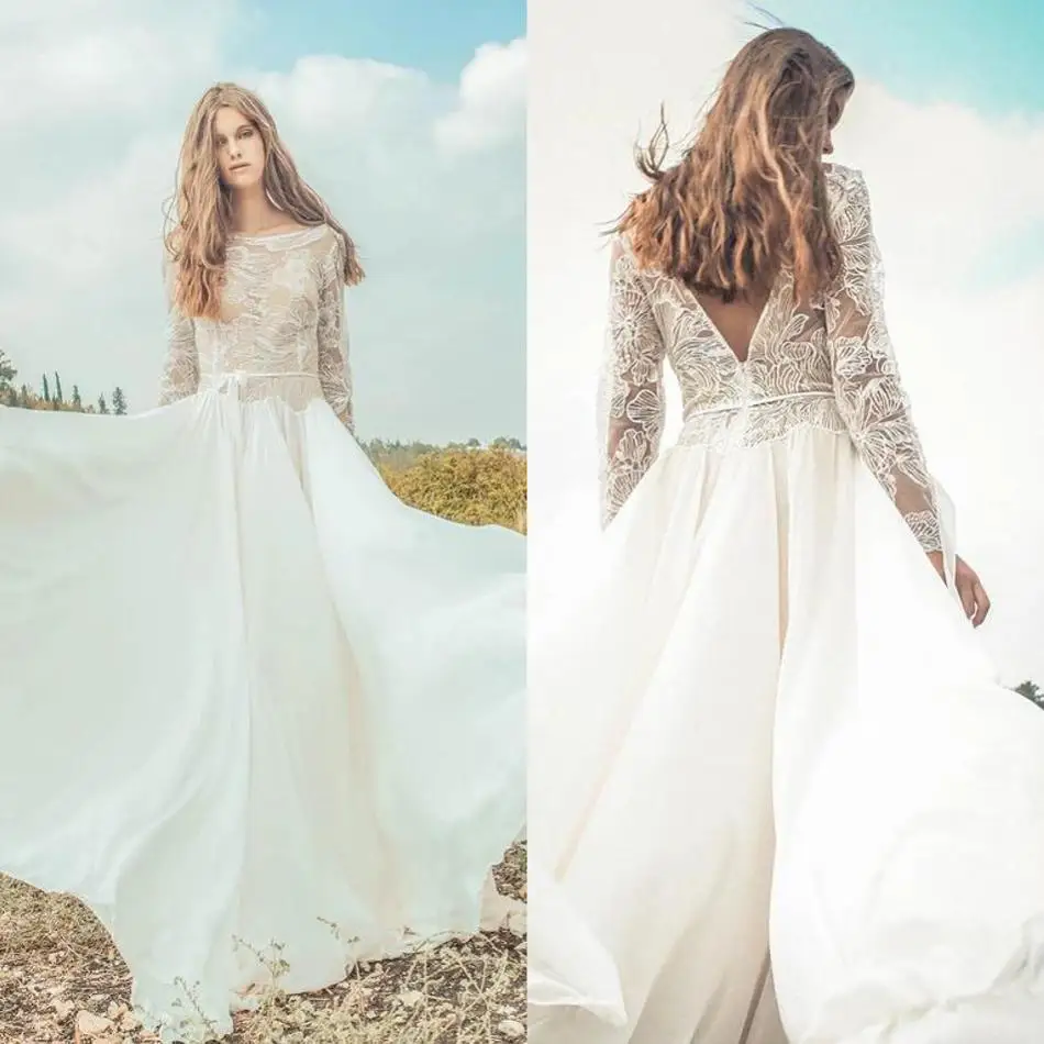 2019โบฮีเมียน Scoop เสื้อคอยาว Backless Boho Gowns เจ้าสาว Vestidos De Noiva ประเทศงานแต่งงานชุด