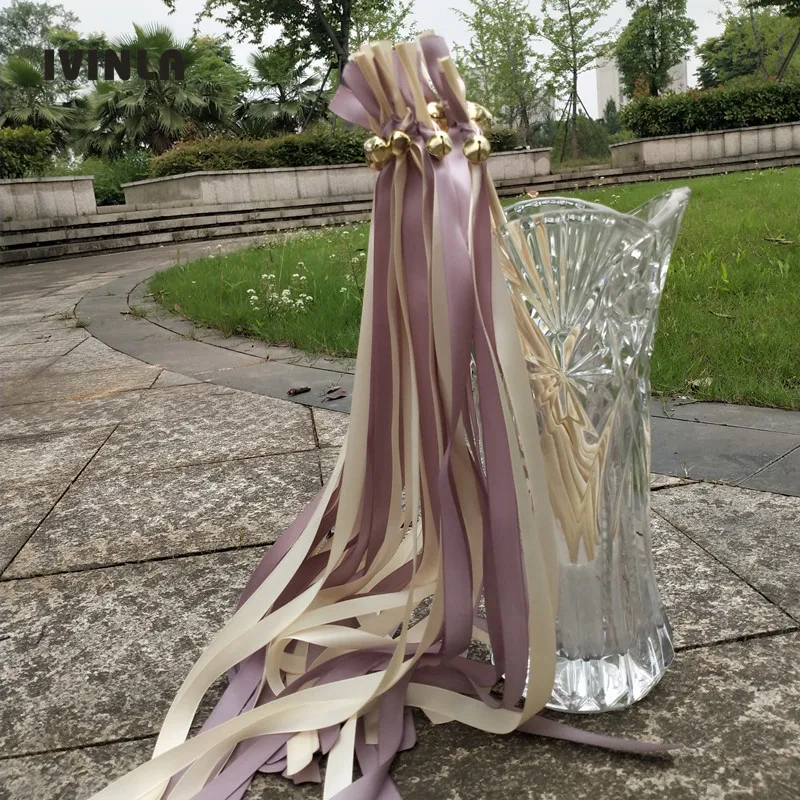 

50pcs/lot purple and cream wedding wands with sliver bells for wedding decoration