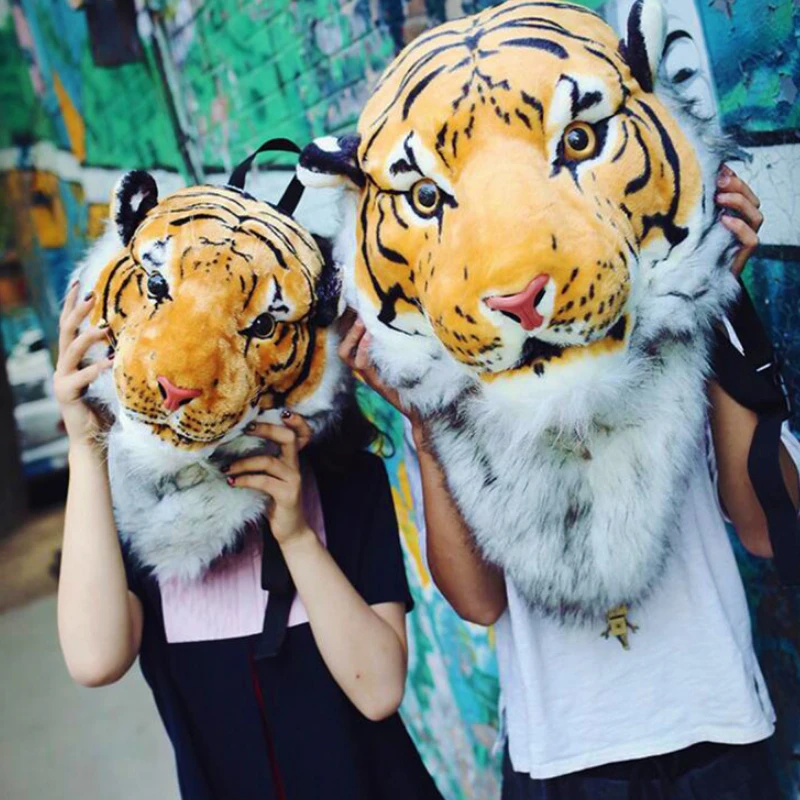 Cool big cat bag hairy Tiger Head Backpack funny Student rusksack Couple Outdoor Plush Backpack 01-BP-gxlhmr