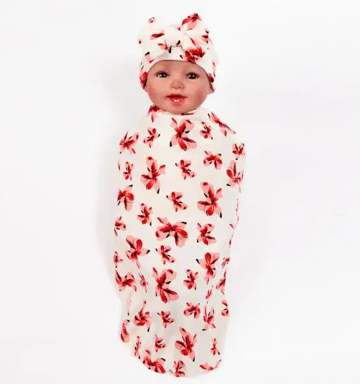 2017 new swaddle blanket and bowknot headband set flower bud blanket bows photography props muslin swaddle wrap hat