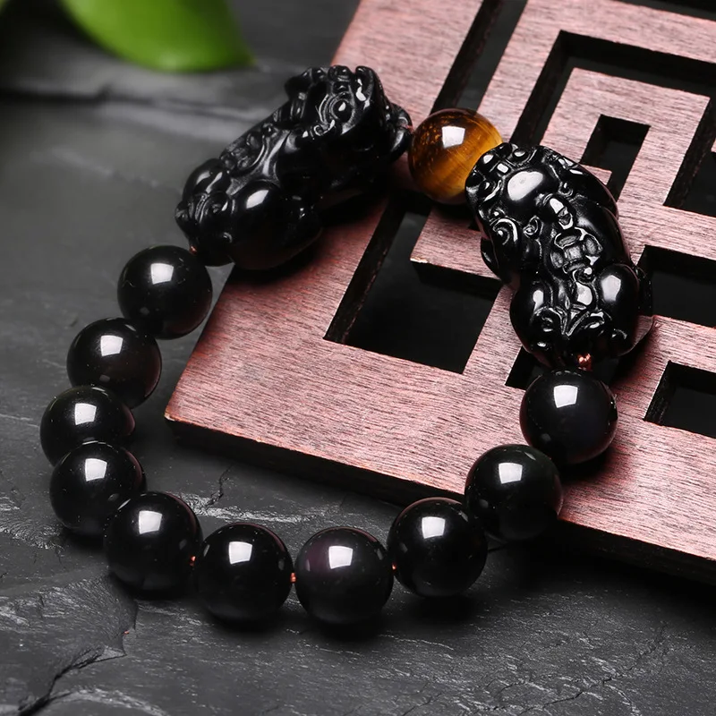 Natural Obsidian with Tiger eye Beads Bracelet Gold Color Charm Bracelet  PIXIU Lucky Brave Jewelry Women Men Energy Jewelry