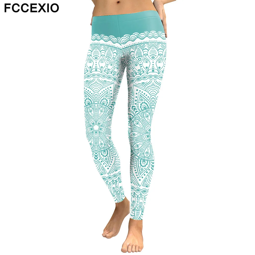 

FCCEXIO 2019 Autumn and Winter New Arrival Women Leggings Aztec Round Ombre Flower Printed Fitness Leggins Green Work Out Pants