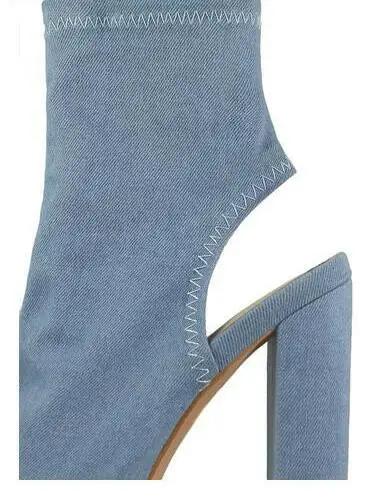 Kobiety kostki buty letnie buty peep toe gruby obcas z tyłu wycięcie pantofle 11 cm wysokie obcasy niebieski denim czarny Denim i fioletowe