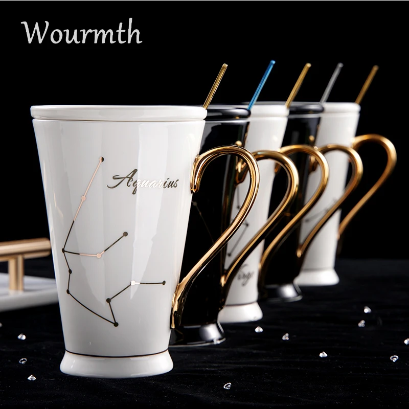 

Wourmth 12 Constellations mugs White And Gold Bone China Porcelain Coffee Milk Mug With Stainless Steel Spoon Zodiac ceramic cup